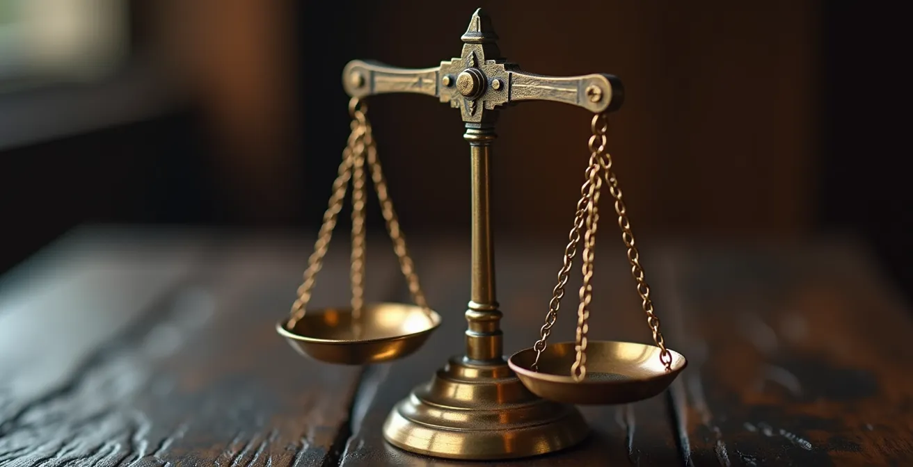 Détail d'une balance de justice en laiton