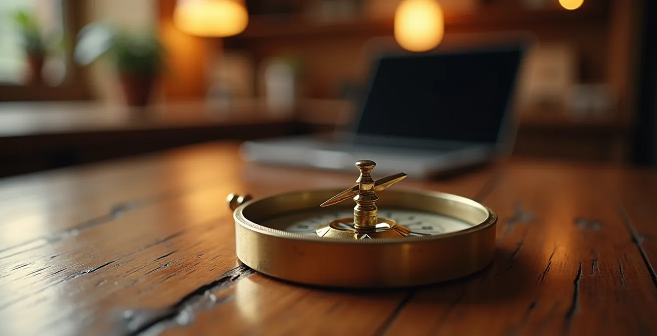Boussole dorée sur surface en bois naturel