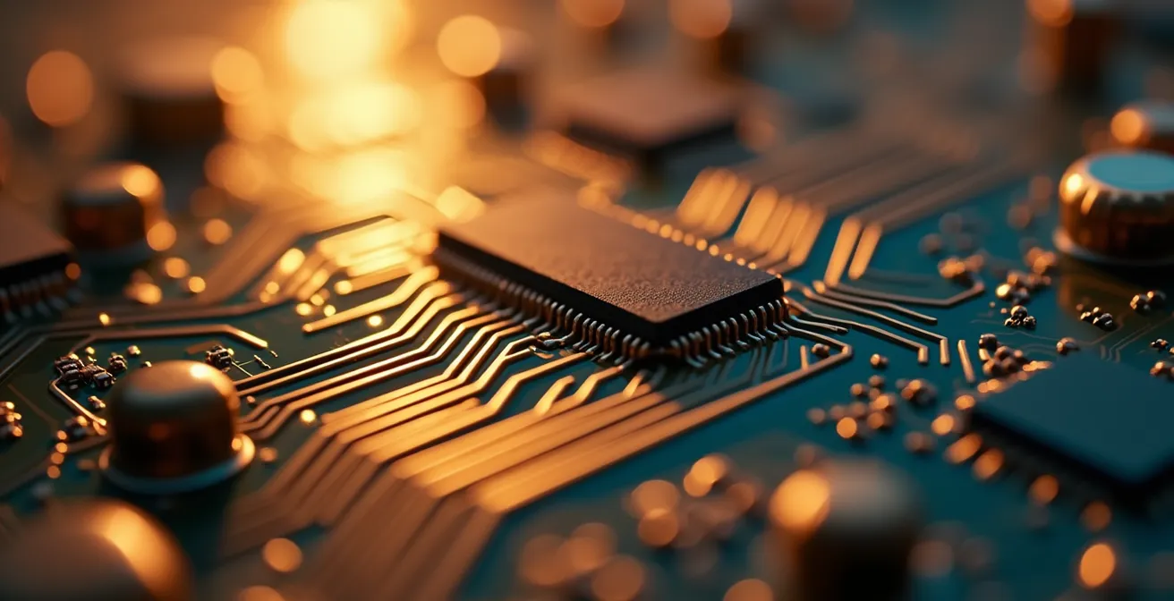 Vue macro d'un circuit électronique symbolisant l'interconnexion des systèmes