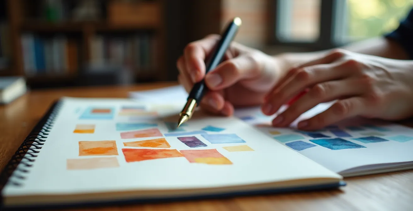 Mains tenant une plume au-dessus d'un carnet avec des motifs géométriques abstraits colorés