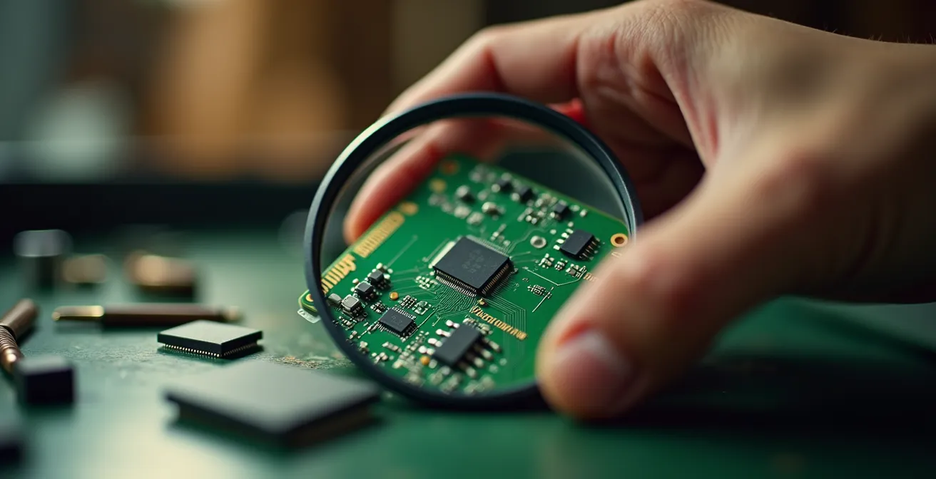 Gros plan sur une main qui tient une carte de circuit imprimé examinée à la loupe, révélant ses composants complexes