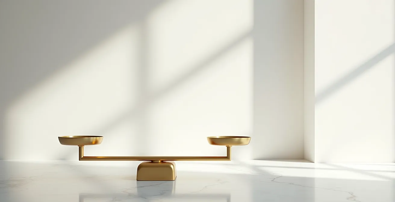 Vue large d'un bureau épuré avec une balance dorée en équilibre parfait dans un espace minimaliste