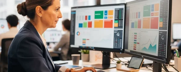 Directrice financière analysant des tableaux de bord sur écrans (logiciel relance client)