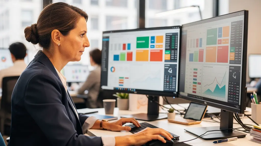 Directrice financière analysant des tableaux de bord sur écrans (logiciel relance client)