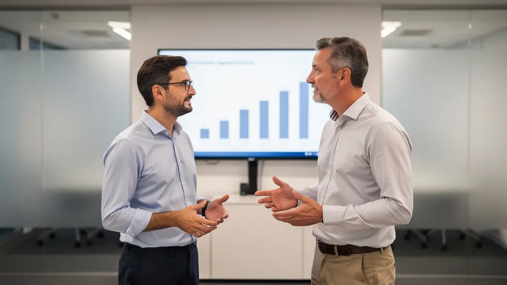 Équipe de deux collaborateurs discutant devant un écran de données (recouvrement PME)