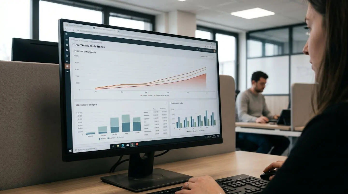 Écran affichant un graphique d'analyse des coûts achats avec courbes d'évolution en rouge et orange, tableau de bord de visualisation de données, environnement bureau contemporain