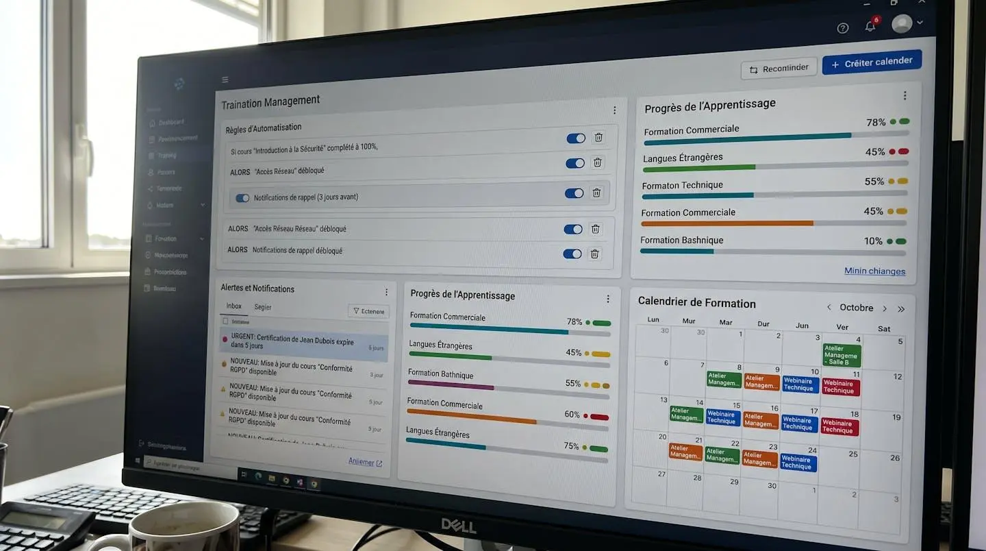 Écran d'ordinateur affichant un tableau de bord TMS avec workflows automatisés, notifications de relances et indicateurs de progression des formations