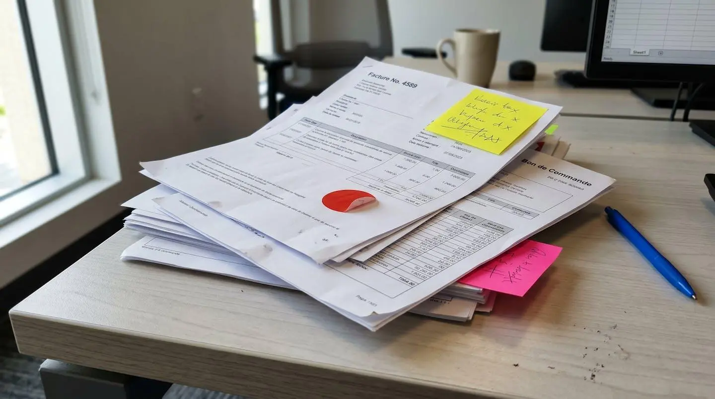 Pile de factures et bons de commande achats avec annotations d'alerte, gros plan sur bureau moderne avec lumière naturelle, tous les plans nets