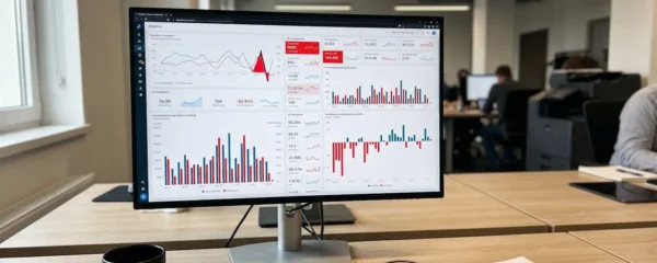 Professionnel analysant un tableau de bord achats avec indicateurs de performance sur écran, vue de dos dans un bureau contemporain éclairé naturellement