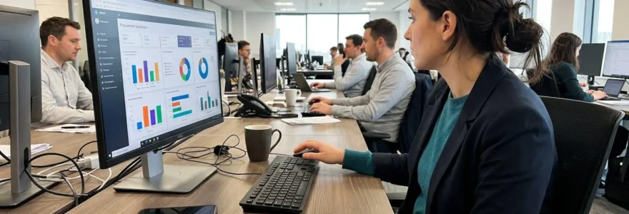 Professionnel analysant un tableau de bord achats avec indicateurs de performance sur écran, vue de dos dans un bureau contemporain éclairé naturellement