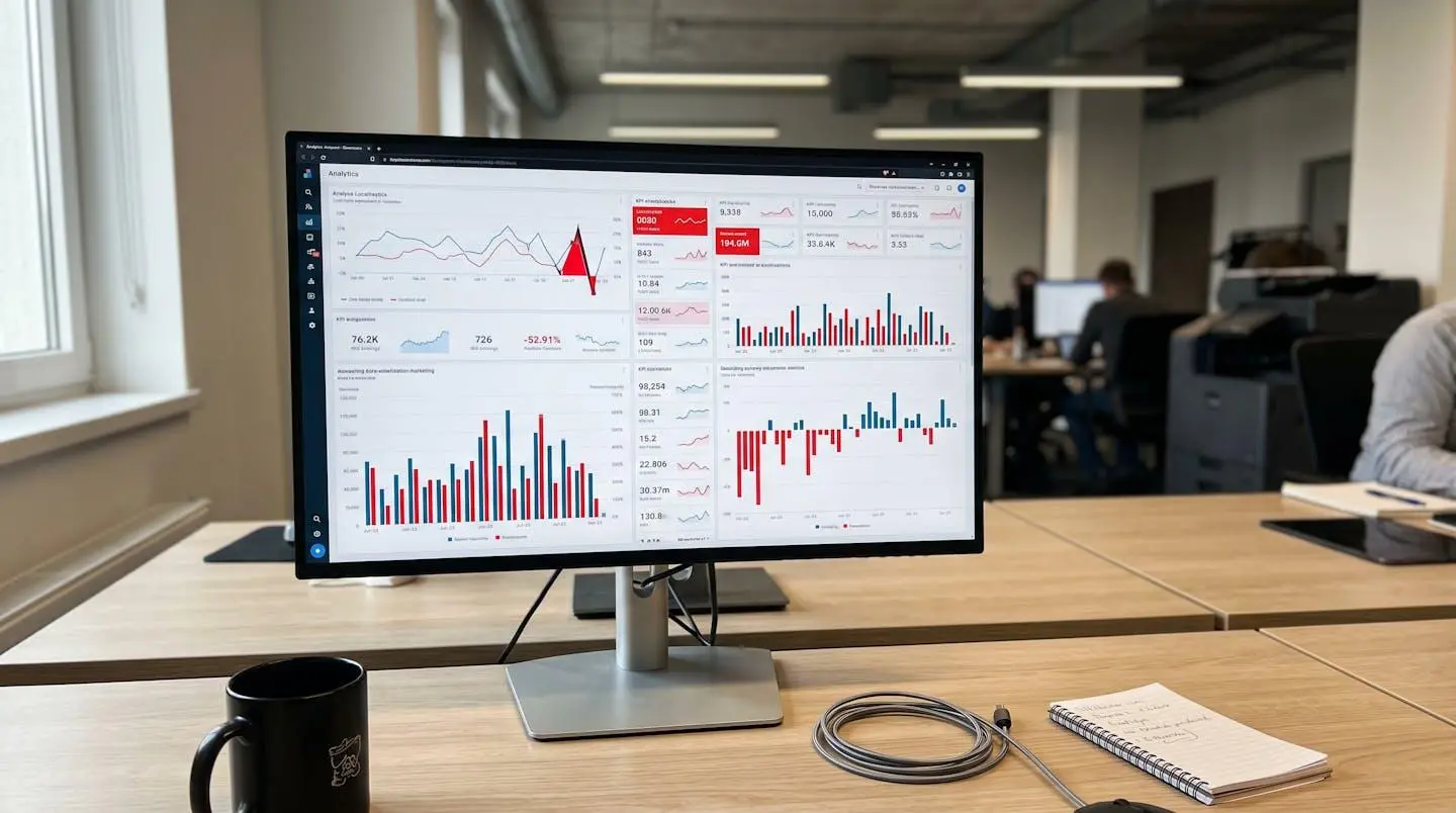 Professionnel analysant un tableau de bord achats avec indicateurs de performance sur écran, vue de dos dans un bureau contemporain éclairé naturellement