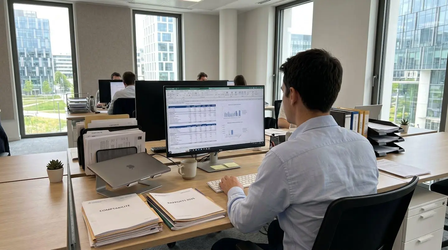 Responsable formation travaillant dans un bureau organisé avec écran affichant des données structurées et documents classés sur le bureau