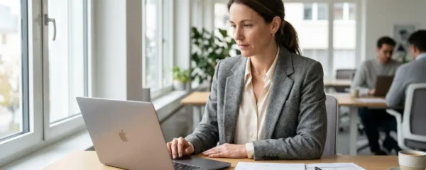 Professionnel consultant un tableau de bord financier sur ordinateur dans un bureau moderne lumineux avec documents comptables sur le bureau