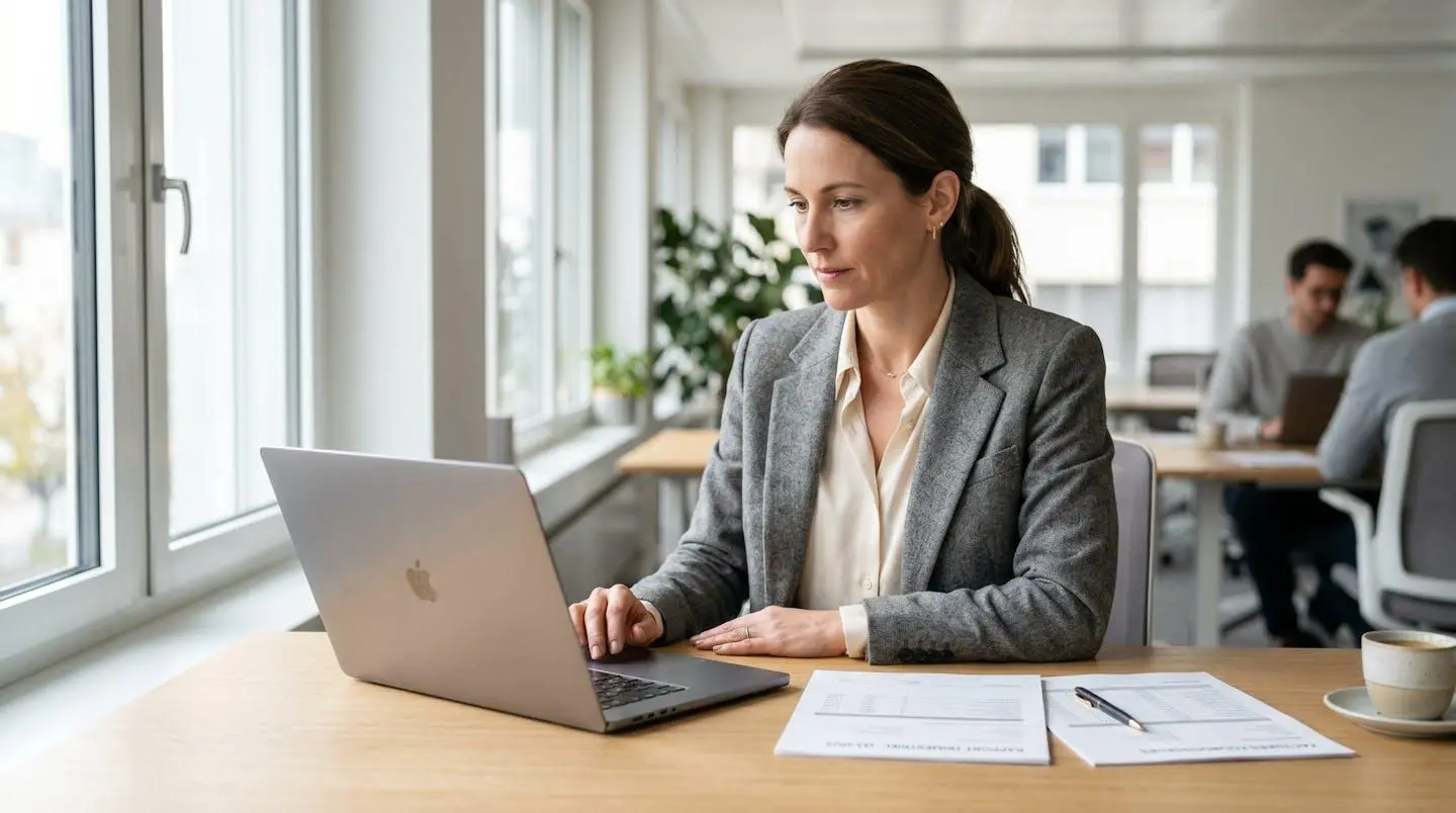 Professionnel consultant un tableau de bord financier sur ordinateur dans un bureau moderne lumineux avec documents comptables sur le bureau