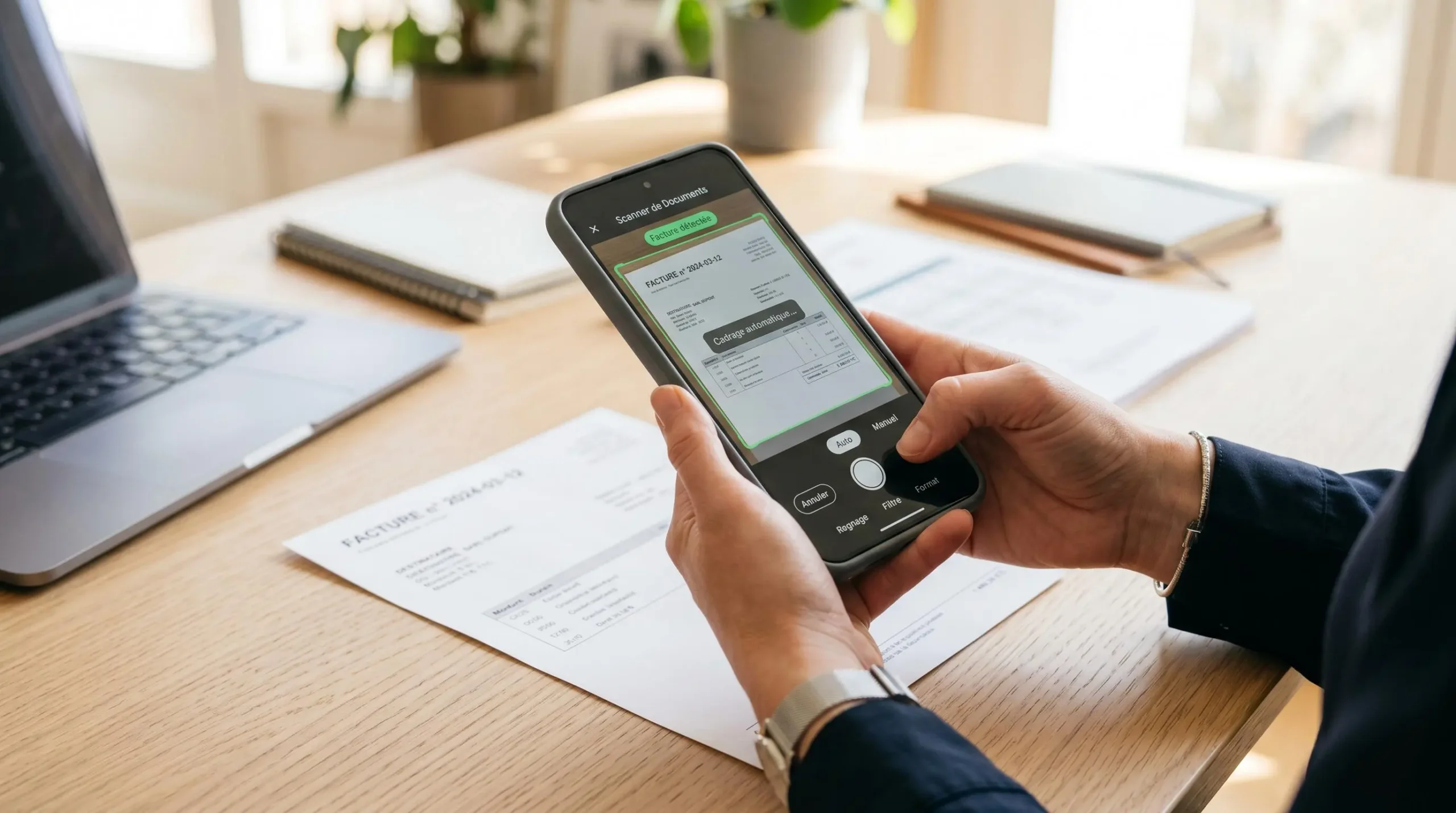 Mains d'un professionnel photographiant une facture papier avec un smartphone affichant une application de scan OCR